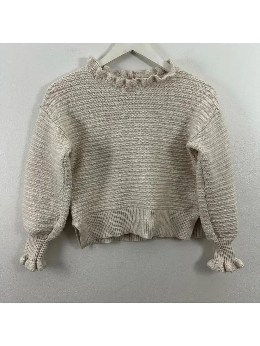 Madewell Women’s Ruffle-Neck Pullover Sweater in Cotton-Merino Yarn Size S